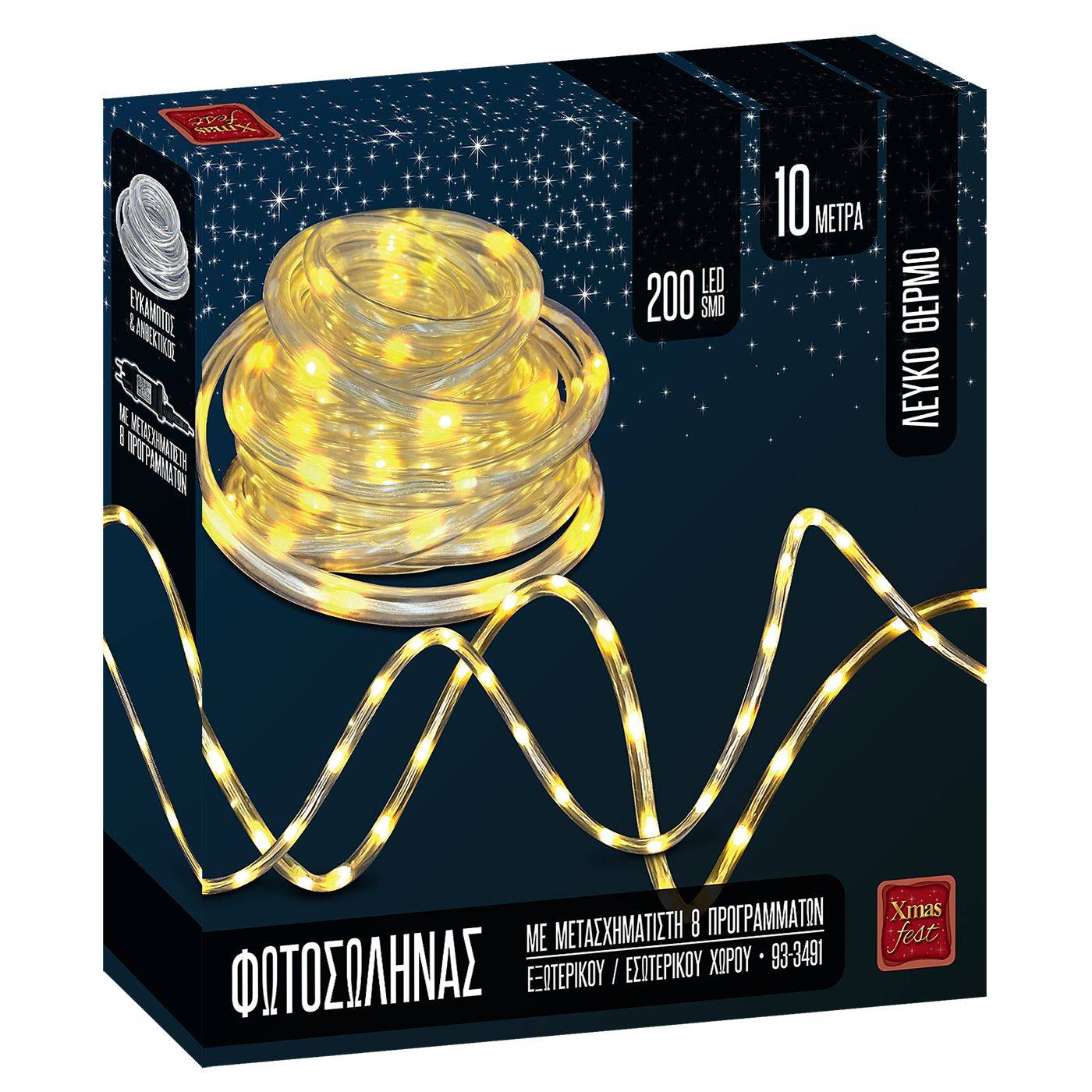 93-3491 Φωτοσωλήνας 200 LED 10m Λευκός Θερμός με Προγράμματα IP44 ø11mm 10m (+3m Extra Καλώδιο) χονδρική, Χριστουγεννιάτικα χονδρική