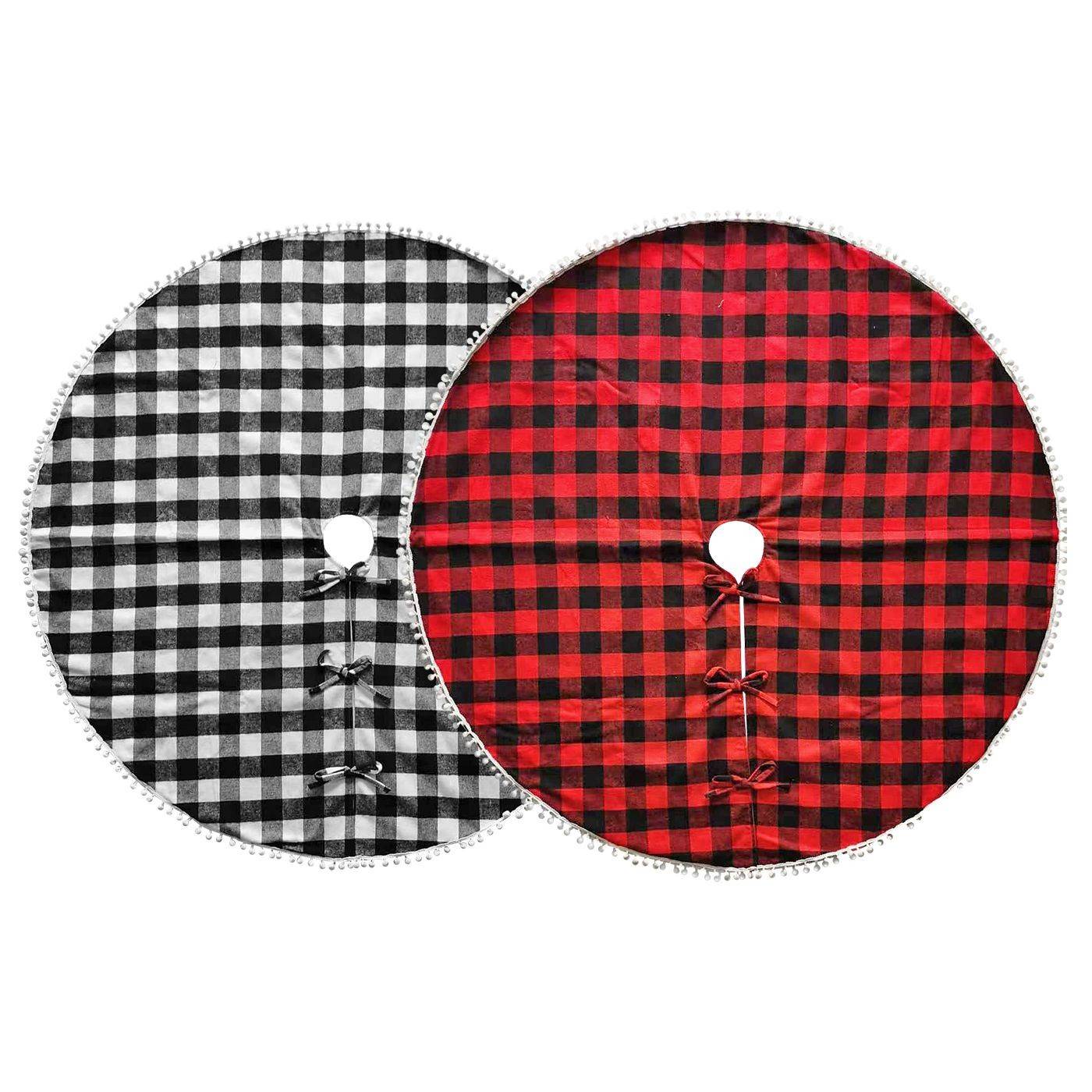 93-3600 Ποδιά Δέντρου Καρώ με Pom-Pom ø106cm χονδρική, Χριστουγεννιάτικα χονδρική
