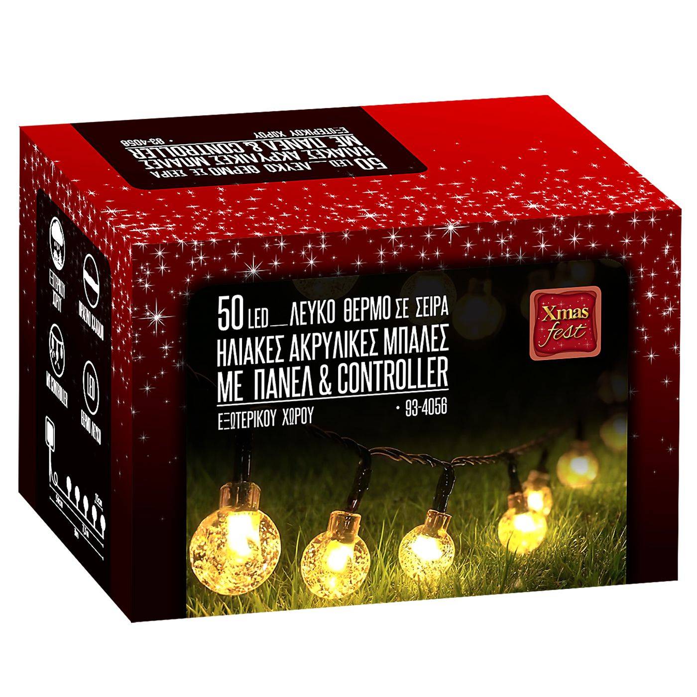 93-4056 50 Ακρυλικές Μπάλες LED, Ηλιακές, Λευκό Θερμό, με Controller IP44 8m χονδρική, Χριστουγεννιάτικα χονδρική