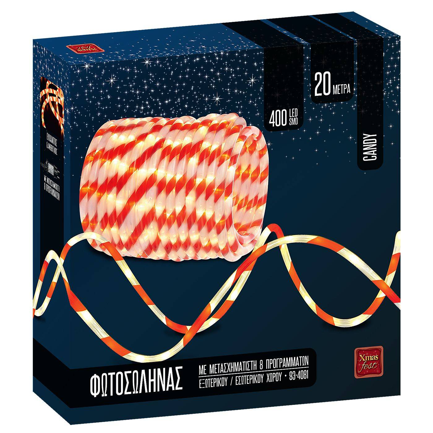 93-4081 Φωτοσωλήνας 400 LED 20m Candy με Προγράμματα IP44 ø11mm 20m (+3m Extra Καλώδιο) χονδρική, Χριστουγεννιάτικα χονδρική