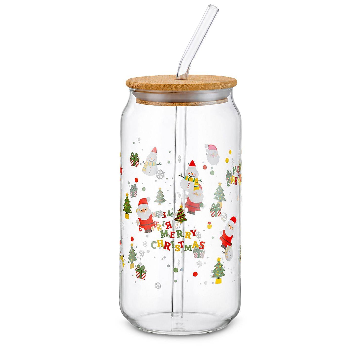 93-4264 Ποτήρι Γυαλί Borosilicate Xmas με Καπάκι, Καλαμάκι 15x6cm 550ml χονδρική, Χριστουγεννιάτικα χονδρική