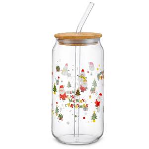 93-4264 Ποτήρι Γυαλί Borosilicate Xmas με Καπάκι, Καλαμάκι 15x6cm 550ml , Χριστουγεννιάτικα